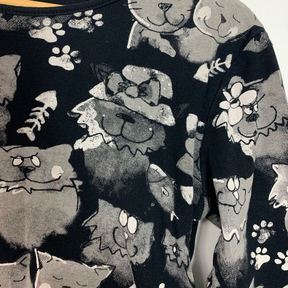 Jess & Jane Womens Cat Meadley Top Sz Small Rhinestones Black Cotton knit USA - Picture 12 of 15